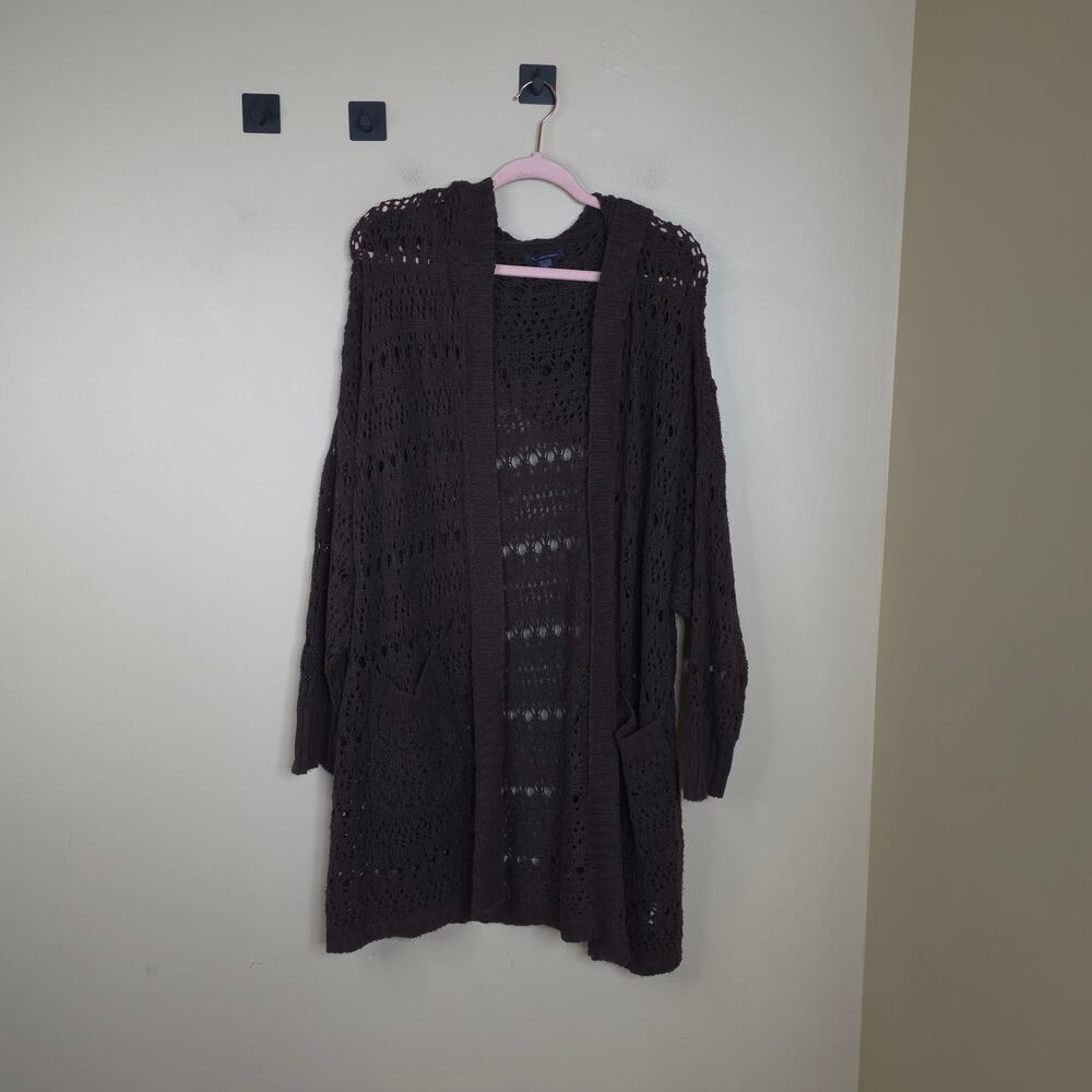 American Eagle Crochet Open Front Long Cardigan with Hood in Brown Size XXL
